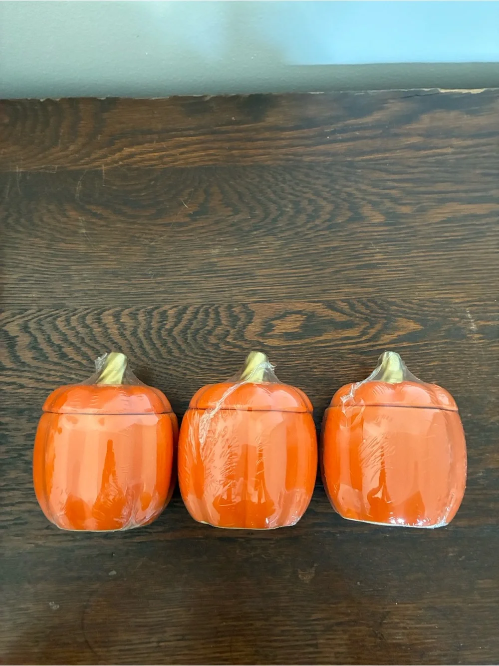 NWT- Set of 3- Orange Ceramic Pumpkin Jars with Lid & Gold Stems